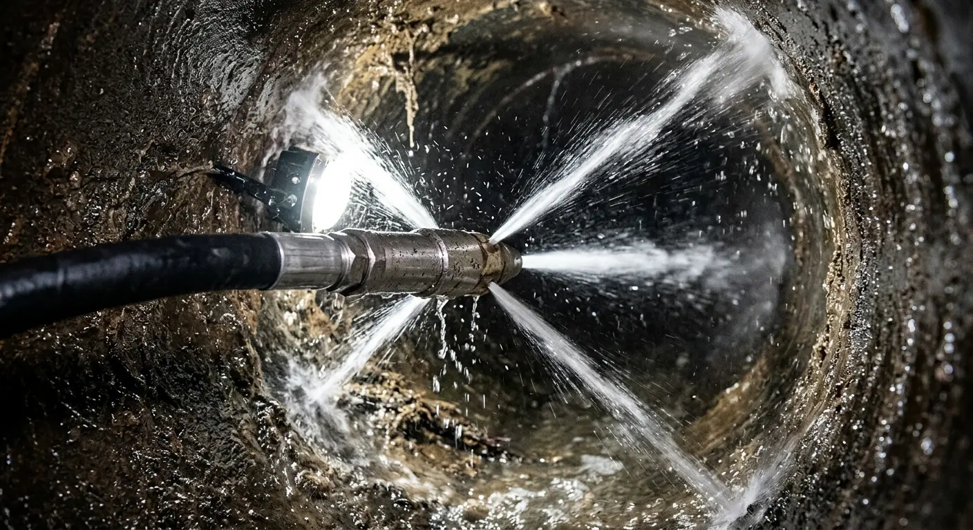 High-pressure hydro jetting nozzle cleaning sewer pipe for Sewer Cleanout in North Olmsted