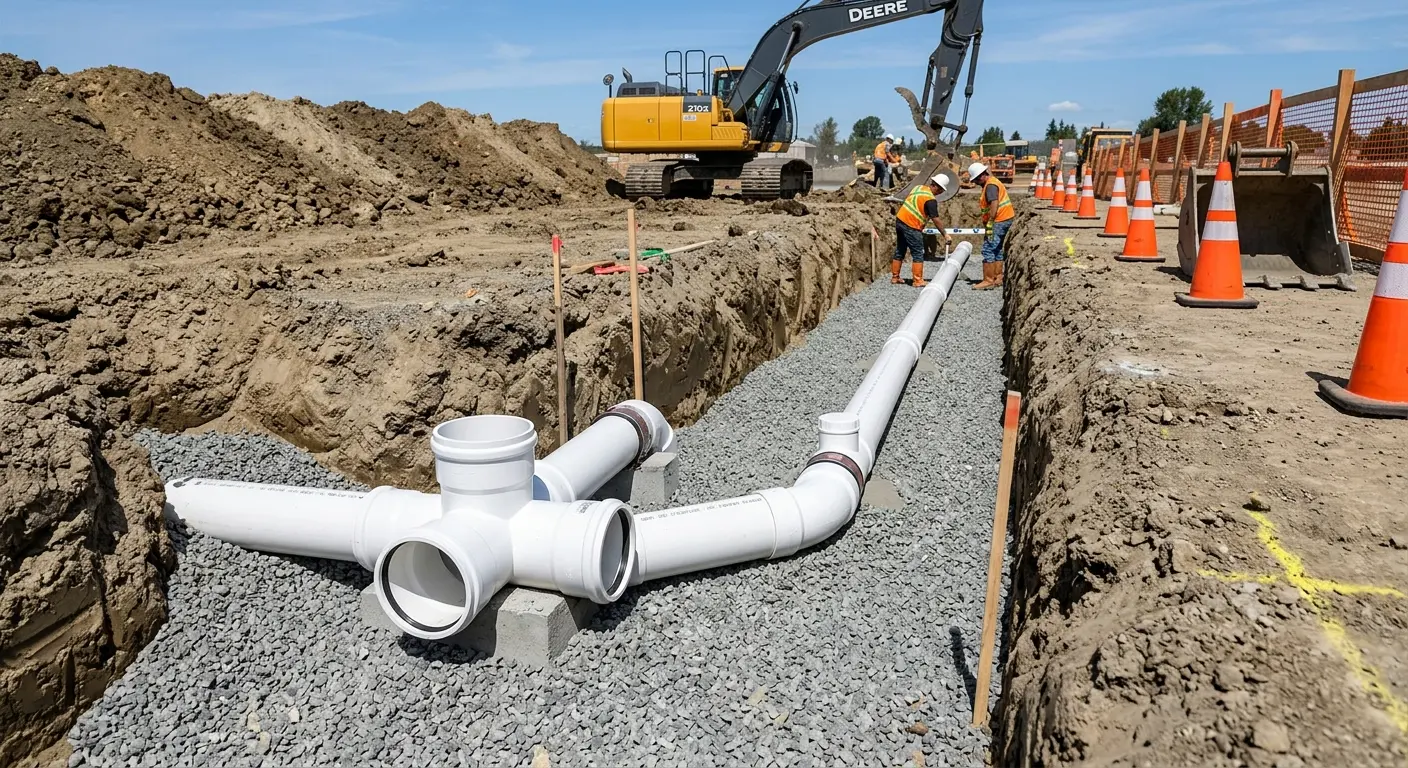 New PVC sewer pipe installation in open trench for Sewer Backup in North Olmsted