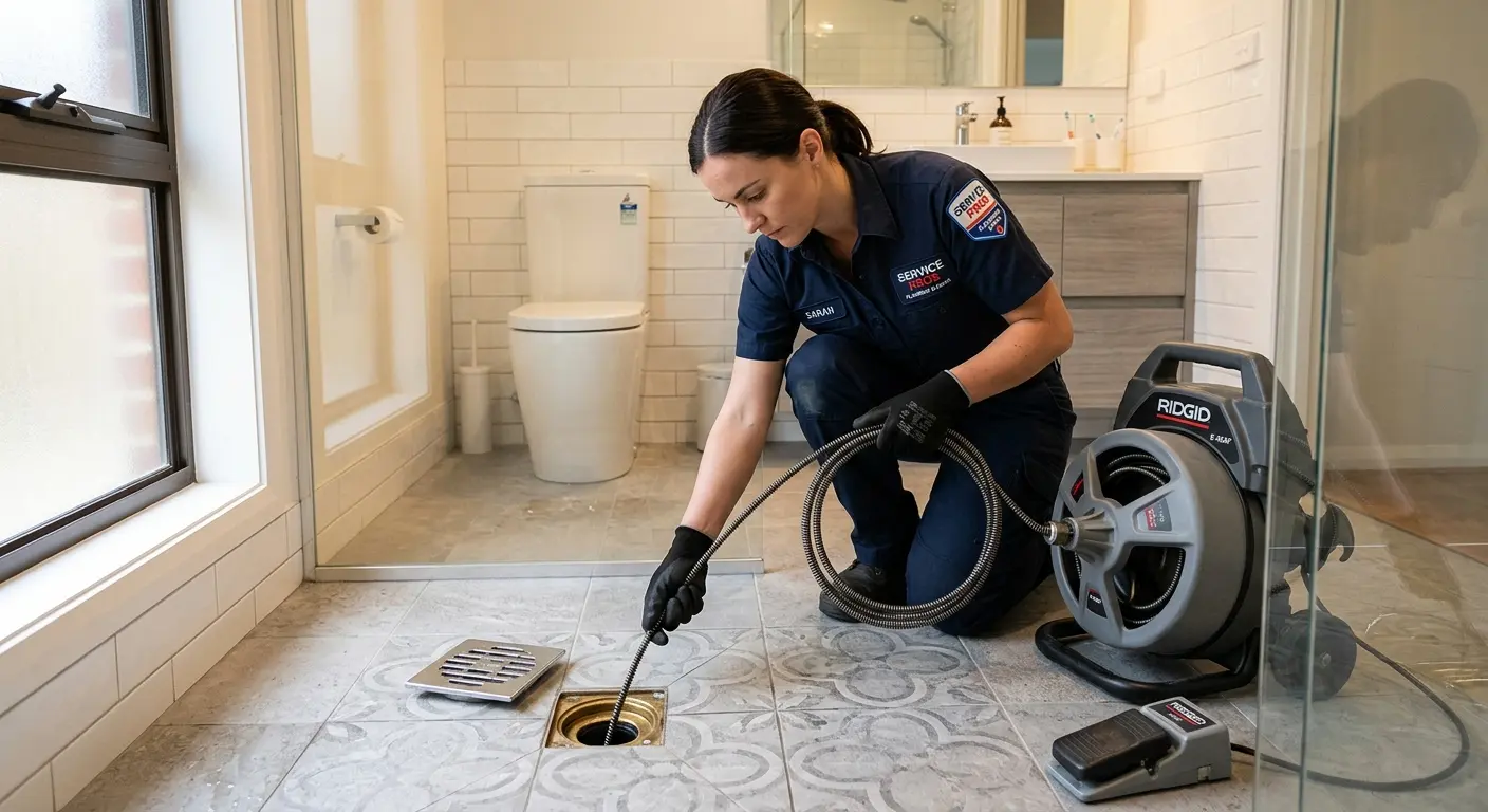 Technician clearing a bathroom floor drain for Drain Cleaning in North Olmsted